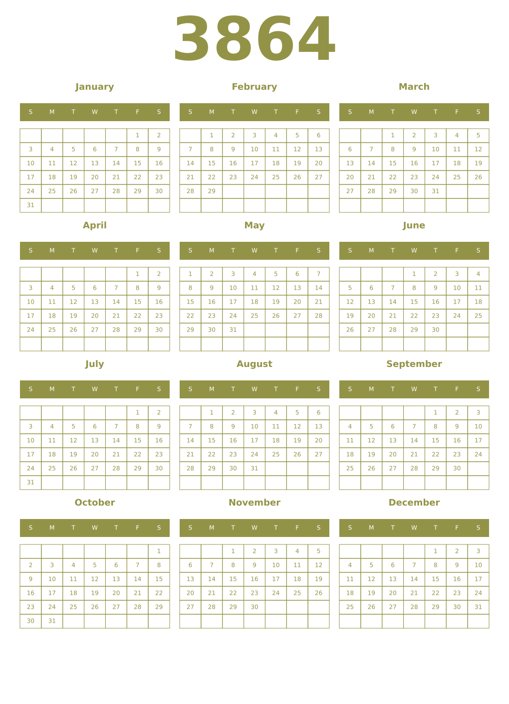 Printable 3864 Year Calendars eburnean