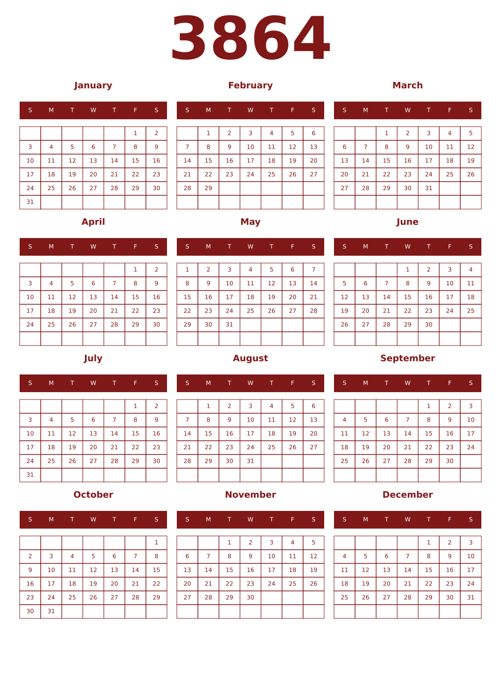 Printable 3864 Year Calendars falu