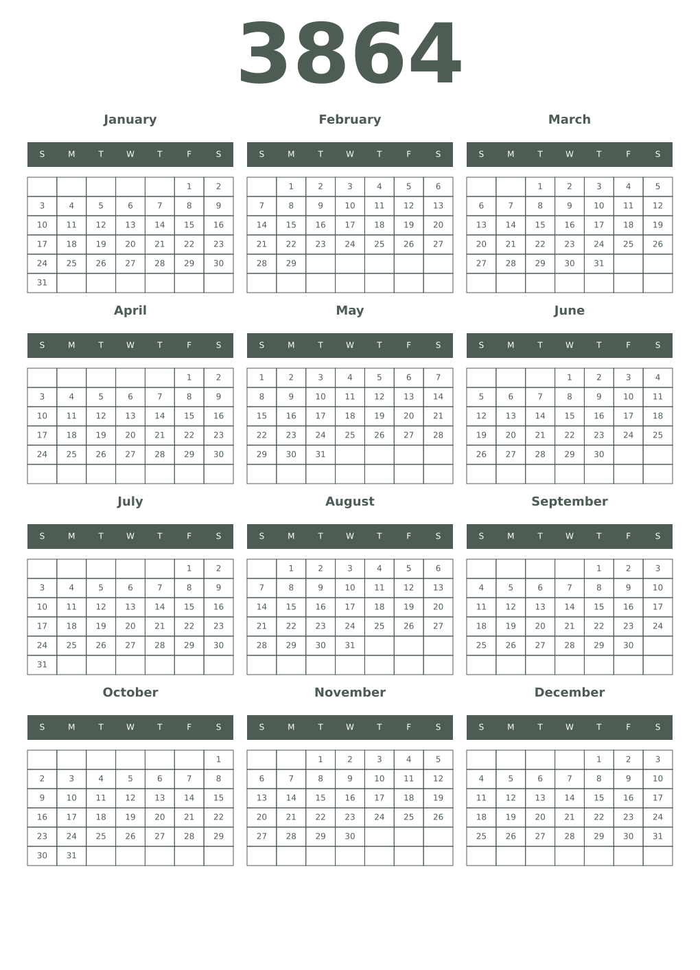 Printable 3864 Year Calendars feldgrau