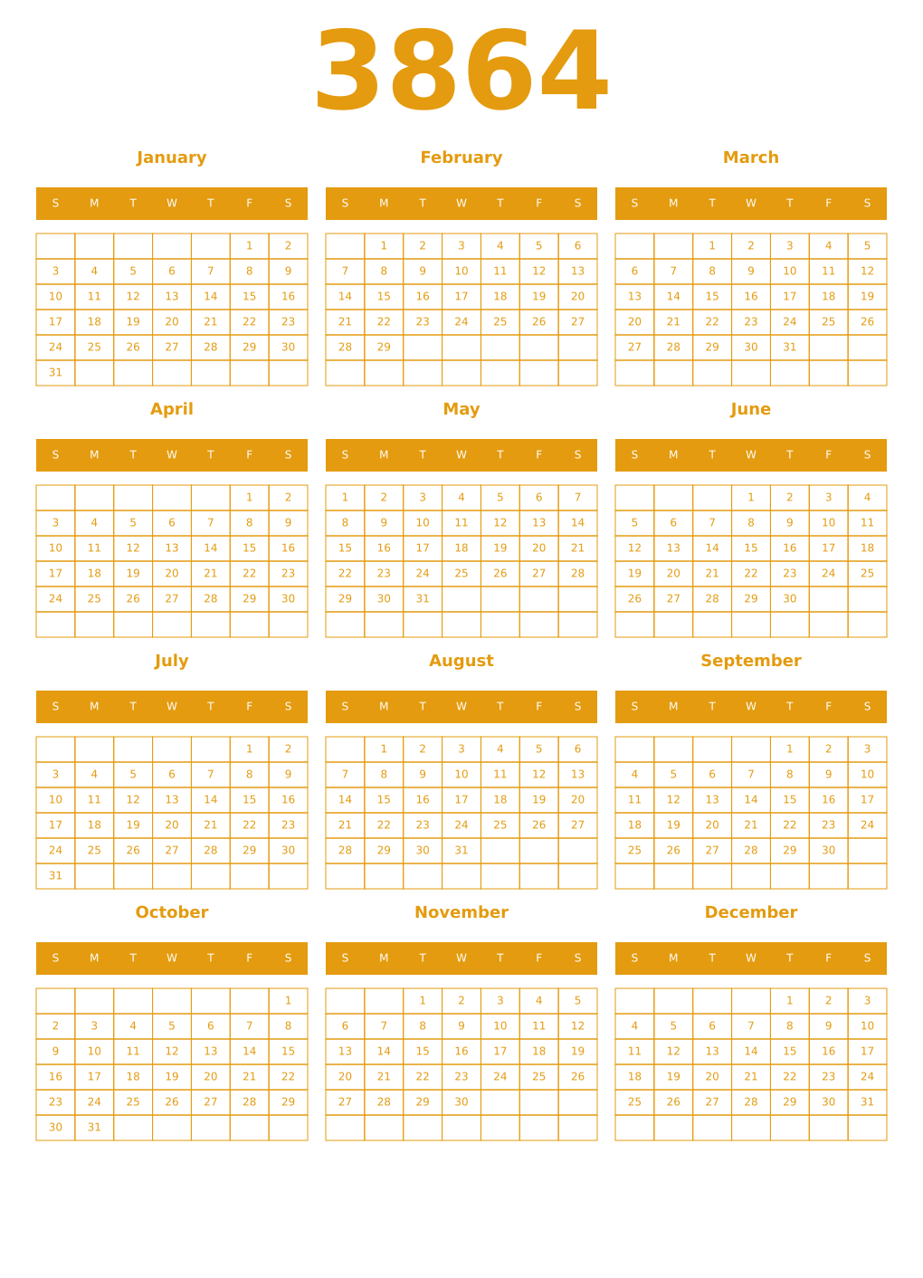 Printable 3864 Year Calendars gamboge