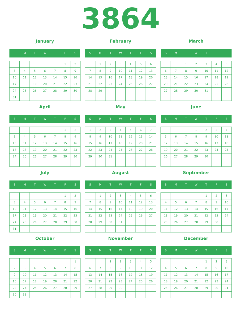 Printable 3864 Year Calendars green