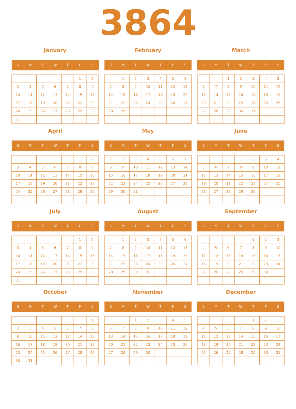 Printable 3864 Year Calendars orange