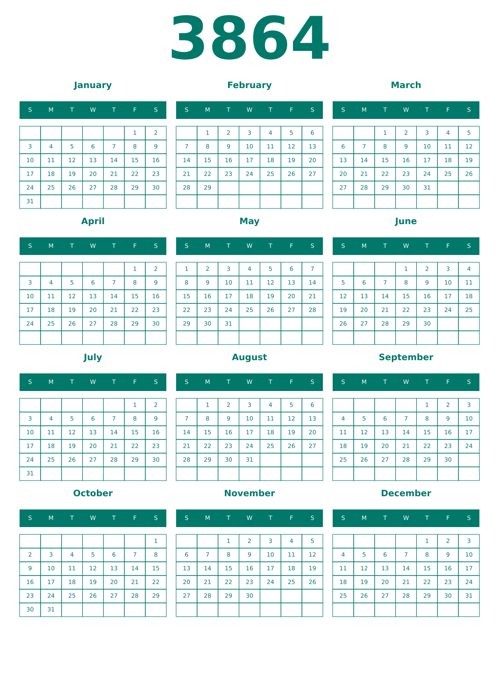 Printable 3864 Year Calendars pastel