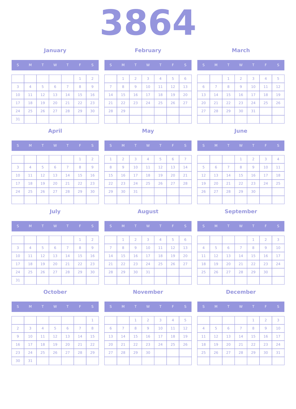 Printable 3864 Year Calendars periwinkle