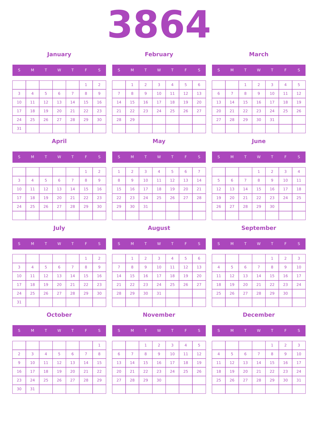 Printable 3864 Year Calendars purple