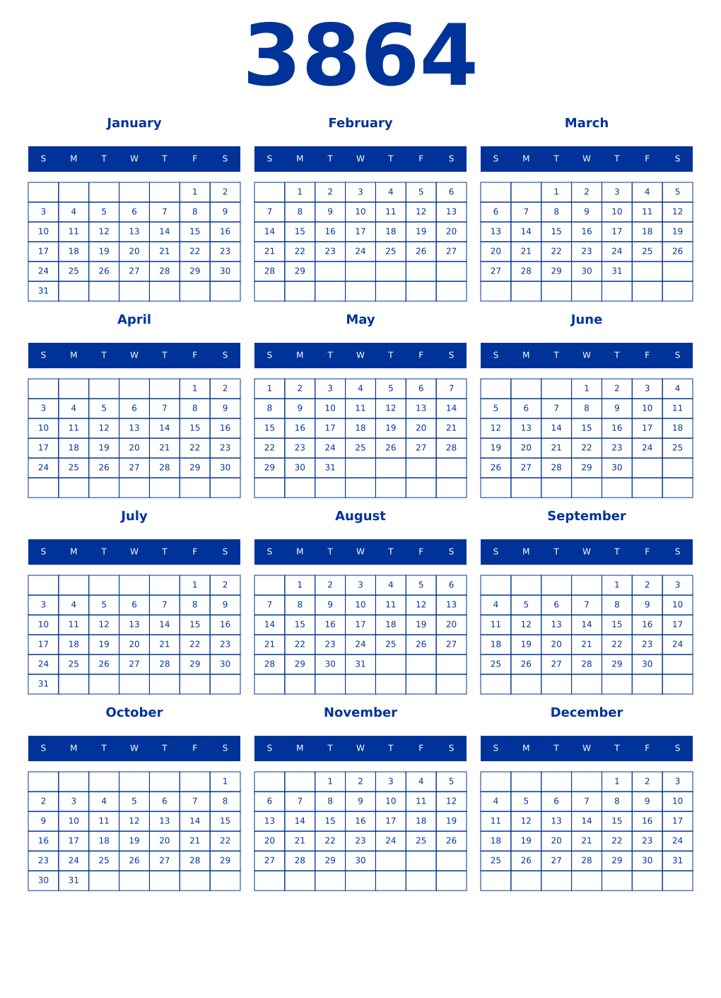 Printable 3864 Year Calendars smalt