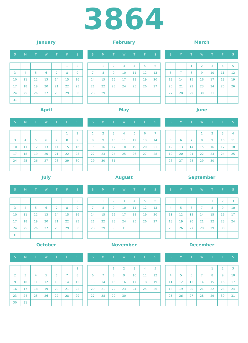 Printable 3864 Year Calendars verdigris