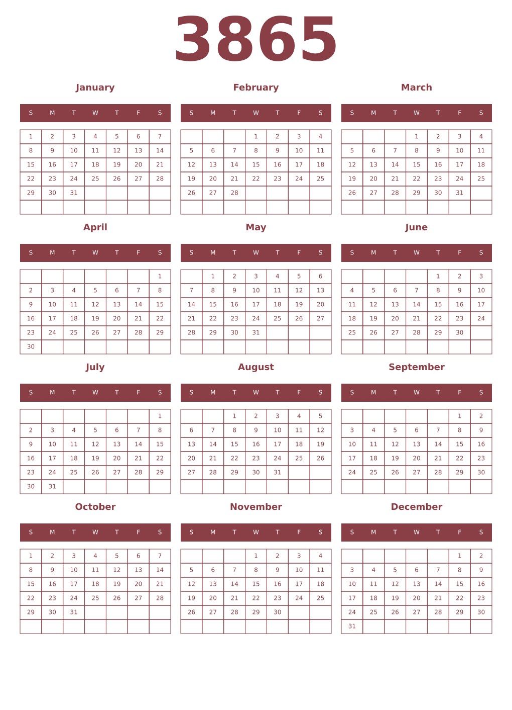 Printable 3865 Year Calendars cordovan