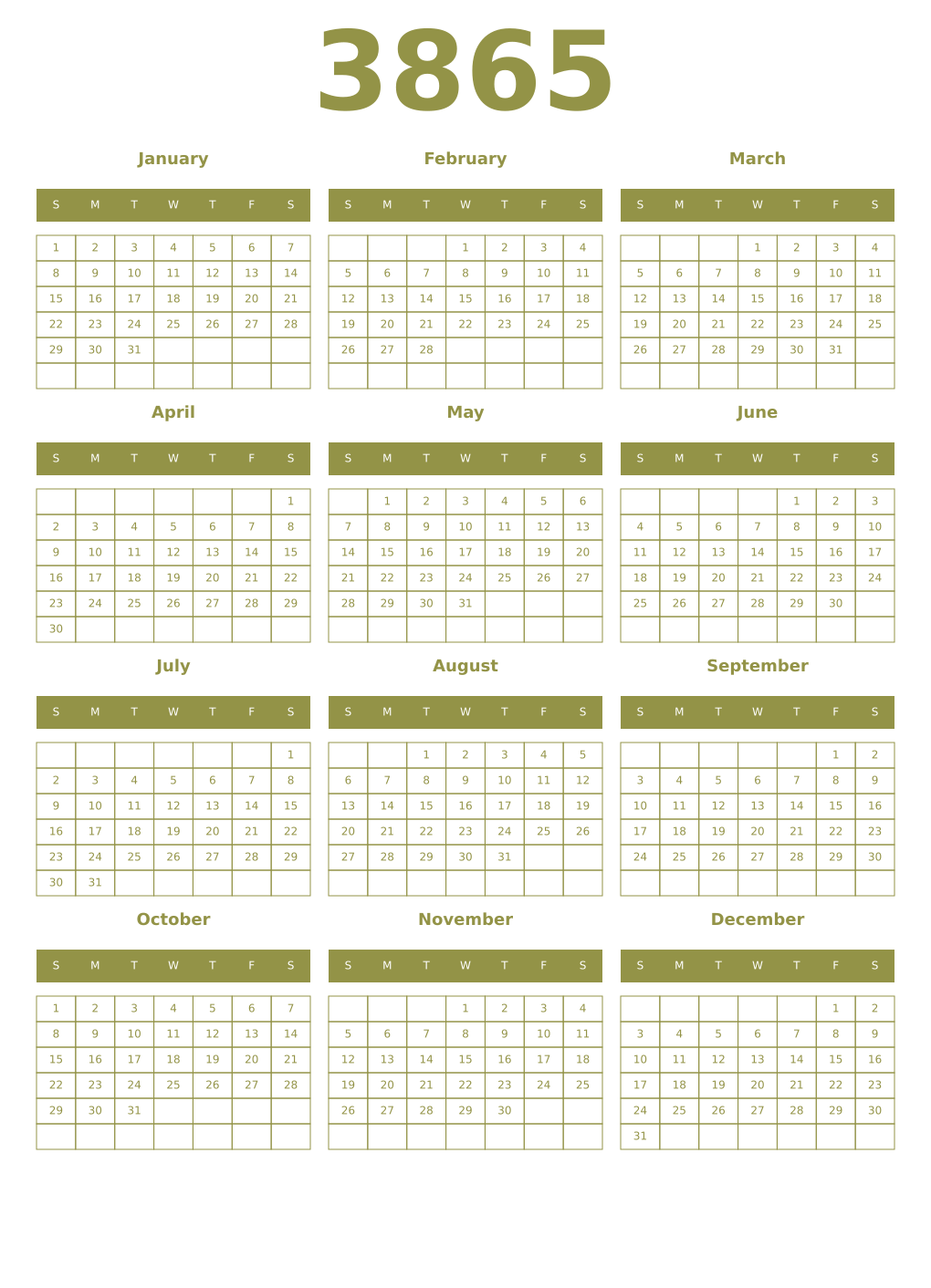 Printable 3865 Year Calendars eburnean