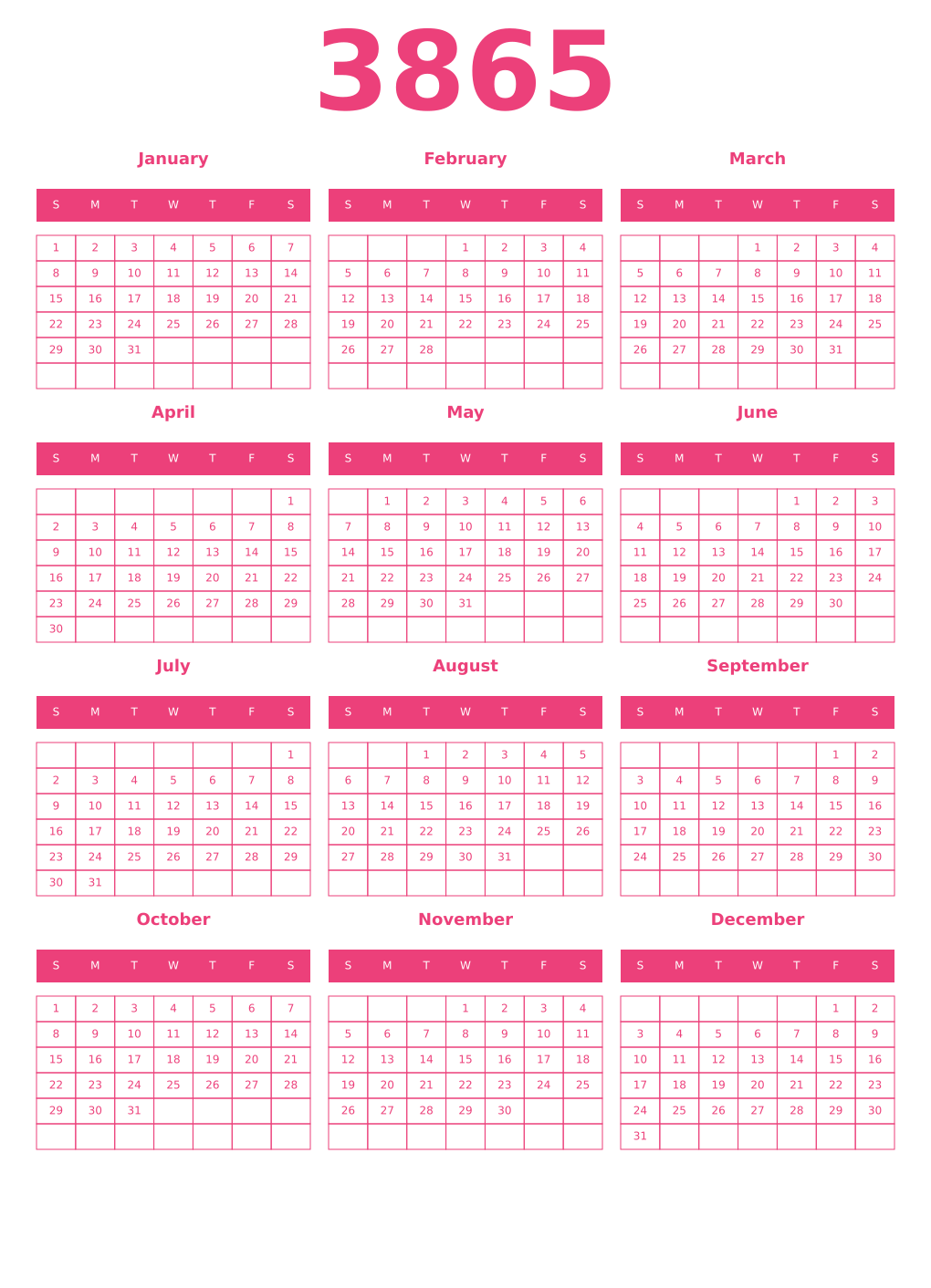 Printable 3865 Year Calendars pink