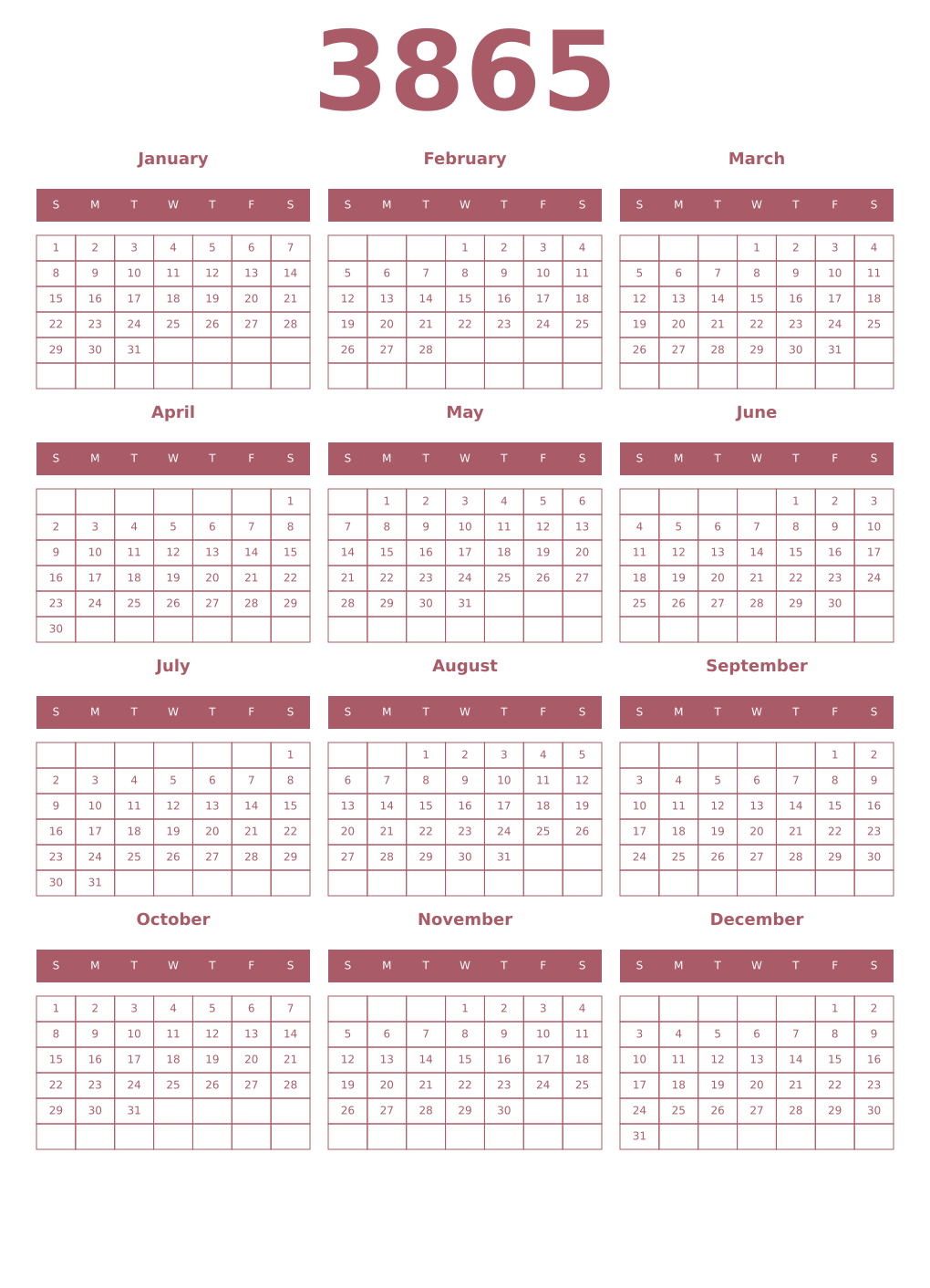 Printable 3865 Year Calendars puce