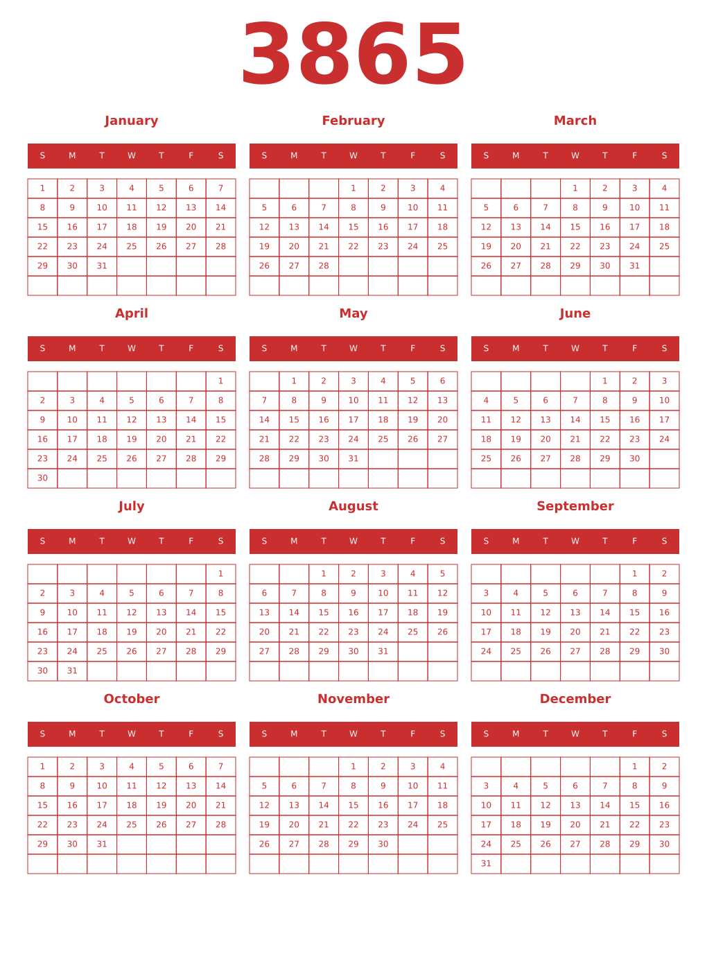 Printable 3865 Year Calendars red