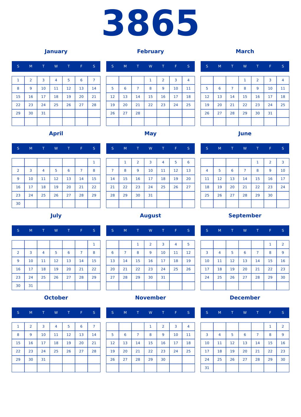 Printable 3865 Year Calendars smalt