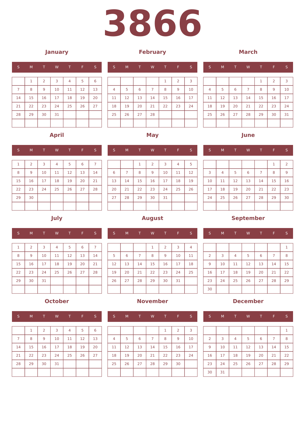 Printable 3866 Year Calendars cordovan