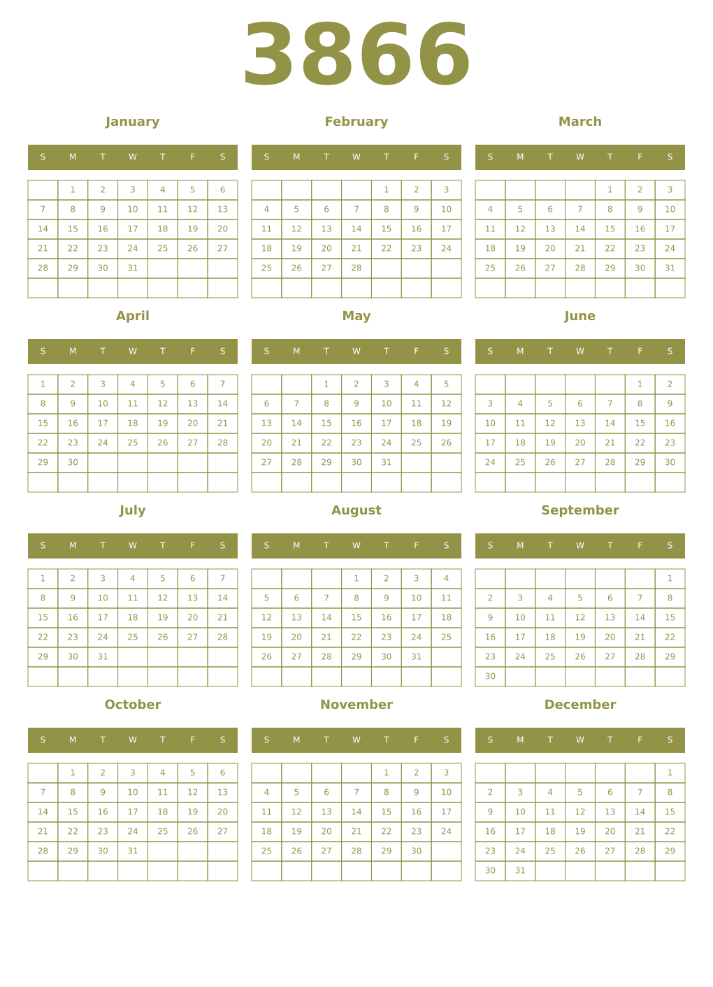 Printable 3866 Year Calendars eburnean