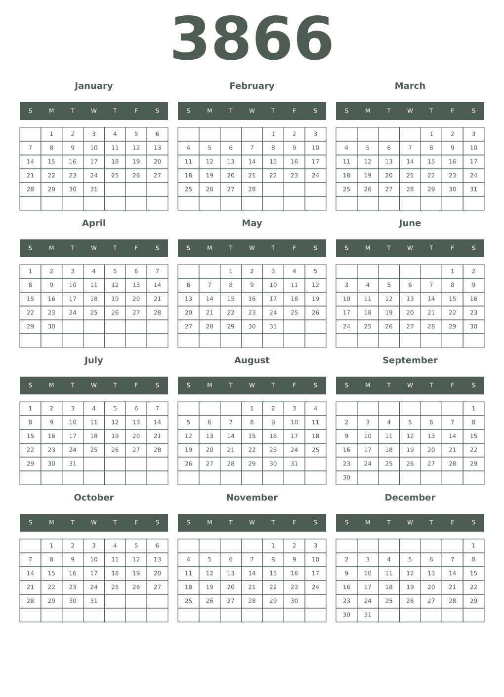 Printable 3866 Year Calendars feldgrau