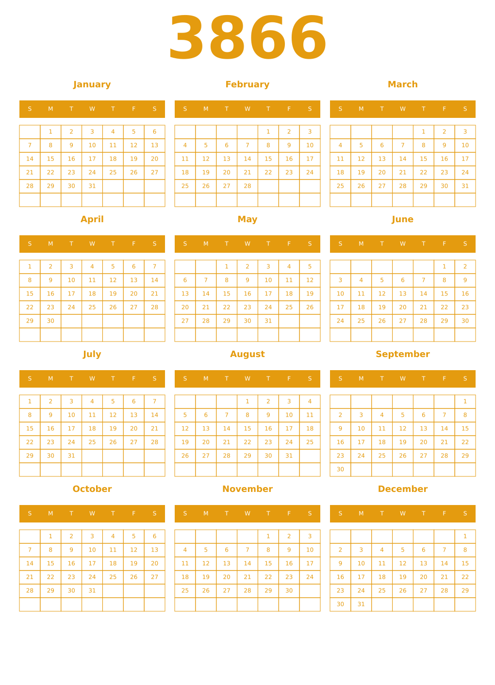 Printable 3866 Year Calendars gamboge