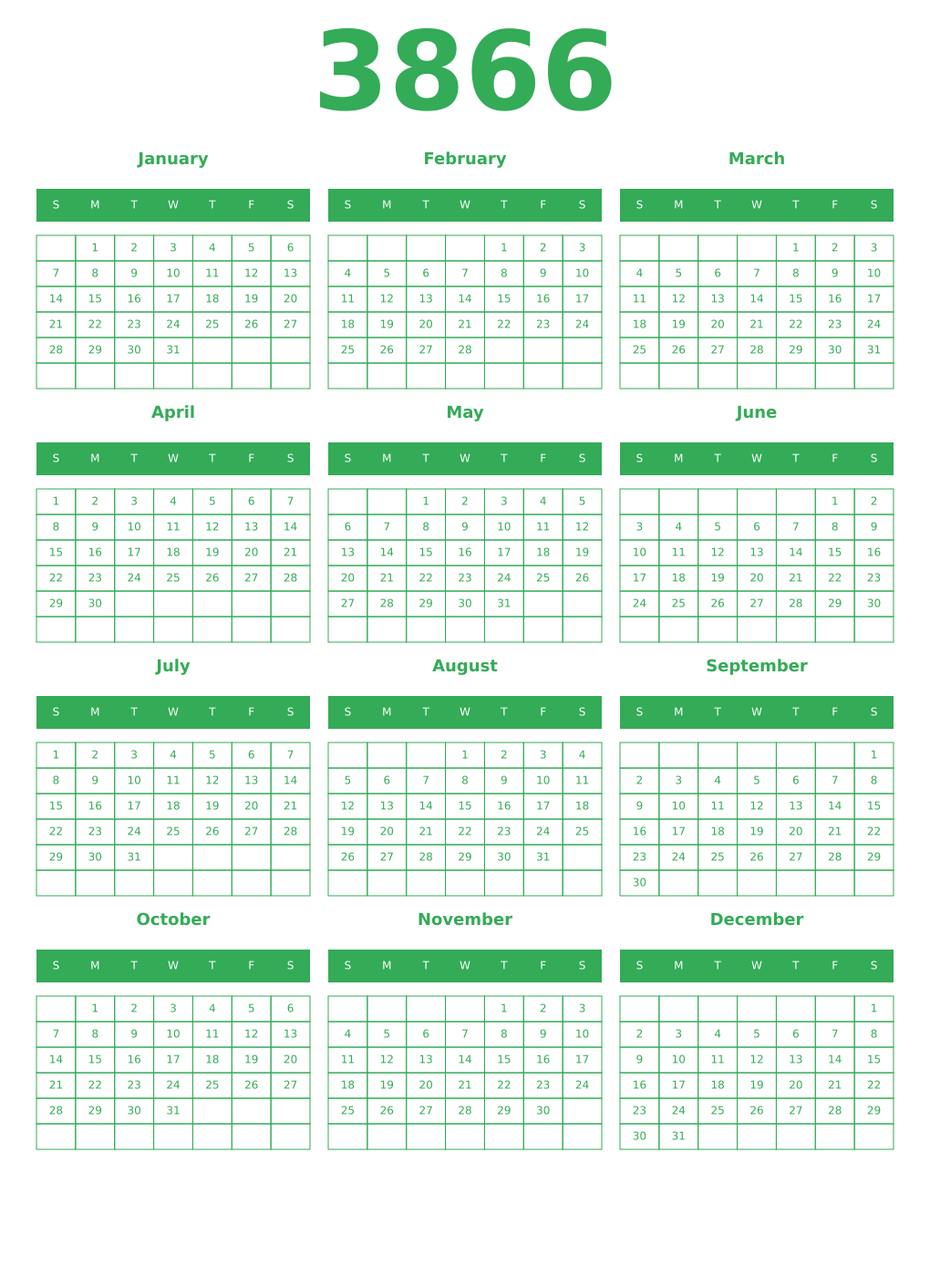 Printable 3866 Year Calendars green