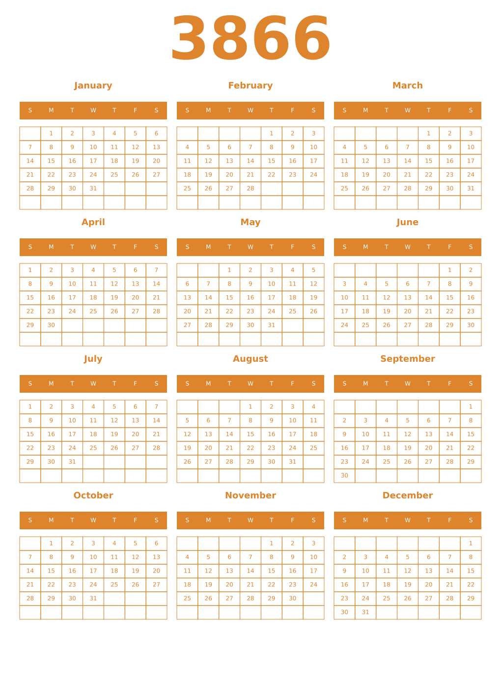 Printable 3866 Year Calendars orange