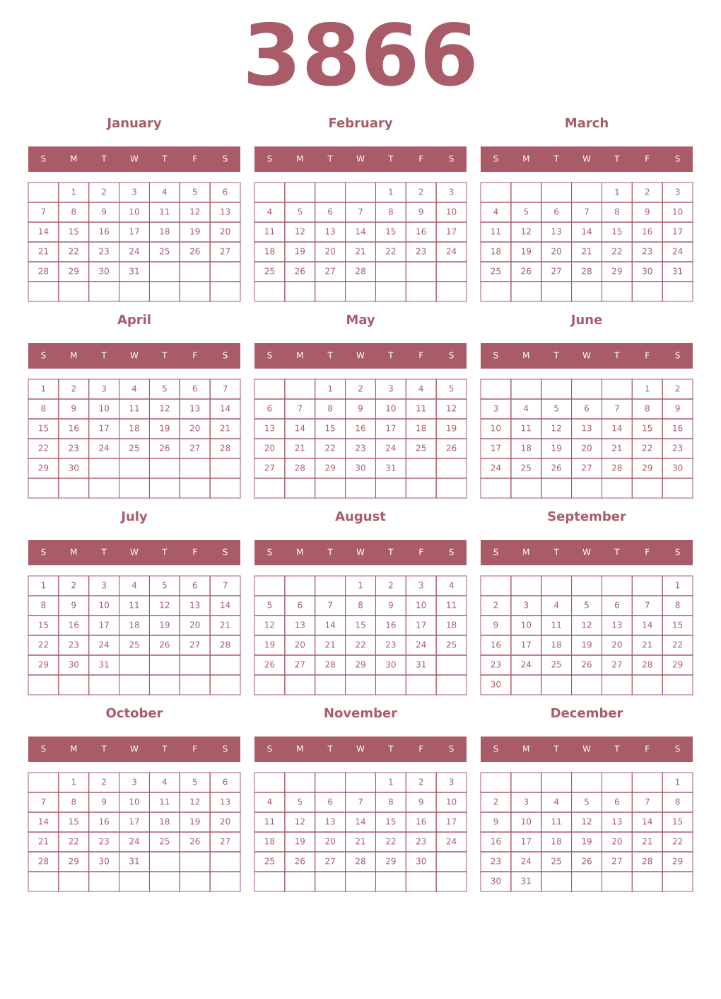 Printable 3866 Year Calendars puce