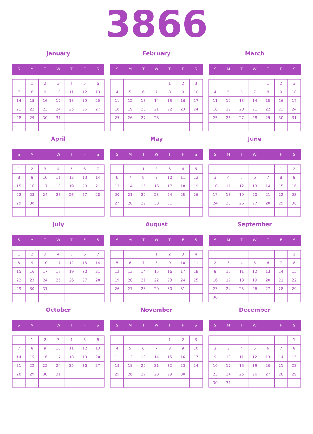 Printable 3866 Year Calendars purple