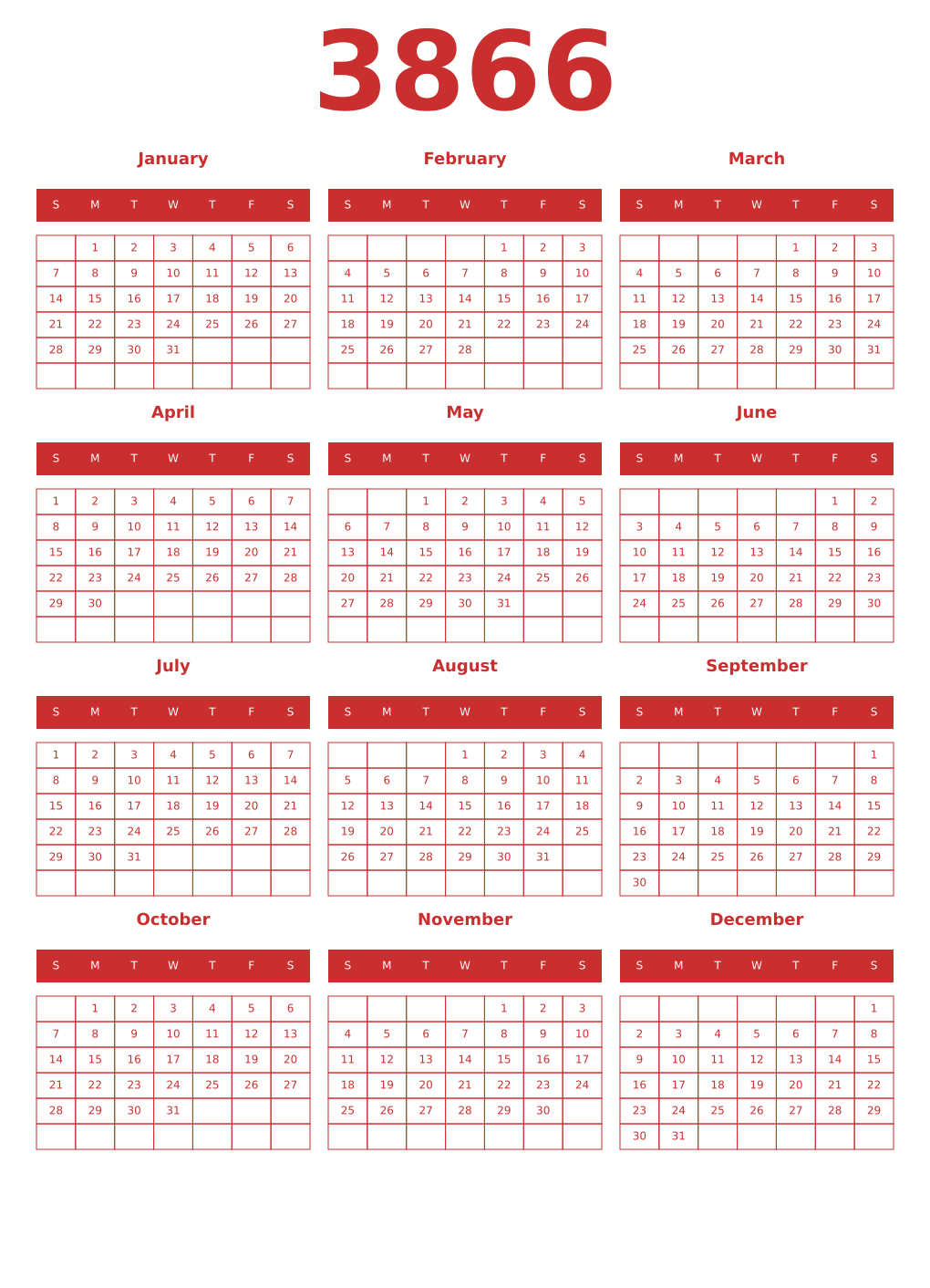 Printable 3866 Year Calendars red