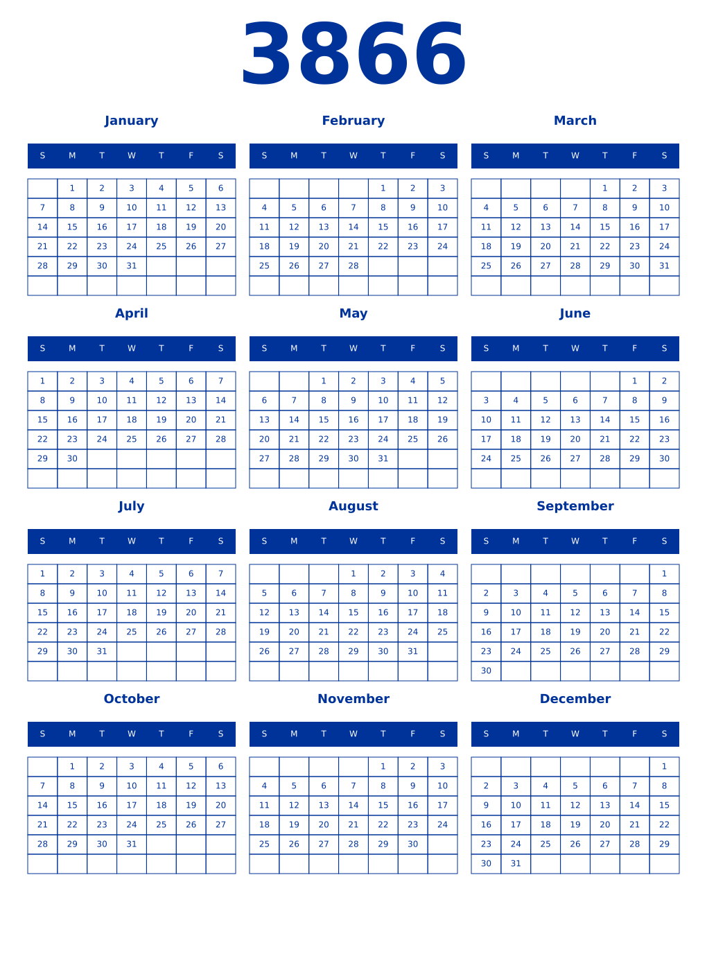 Printable 3866 Year Calendars smalt
