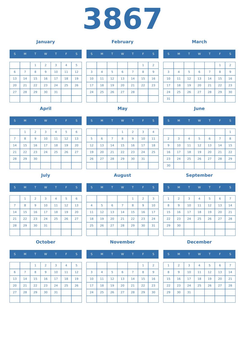 Printable 3867 Year Calendars blue