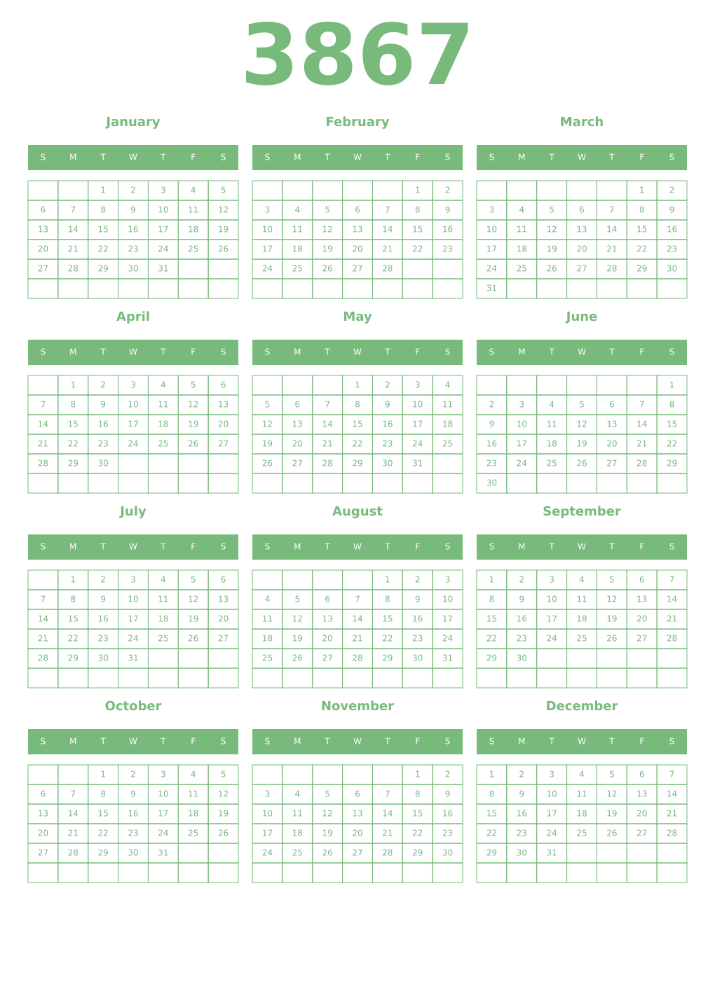 Printable 3867 Year Calendars celadon