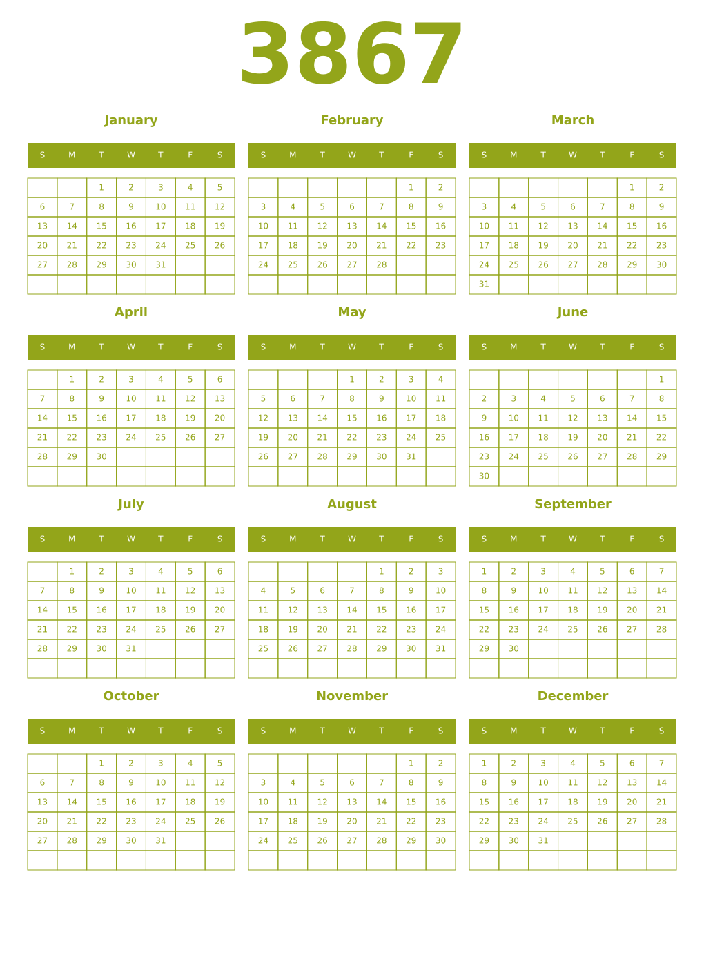 Printable 3867 Year Calendars chartreuse