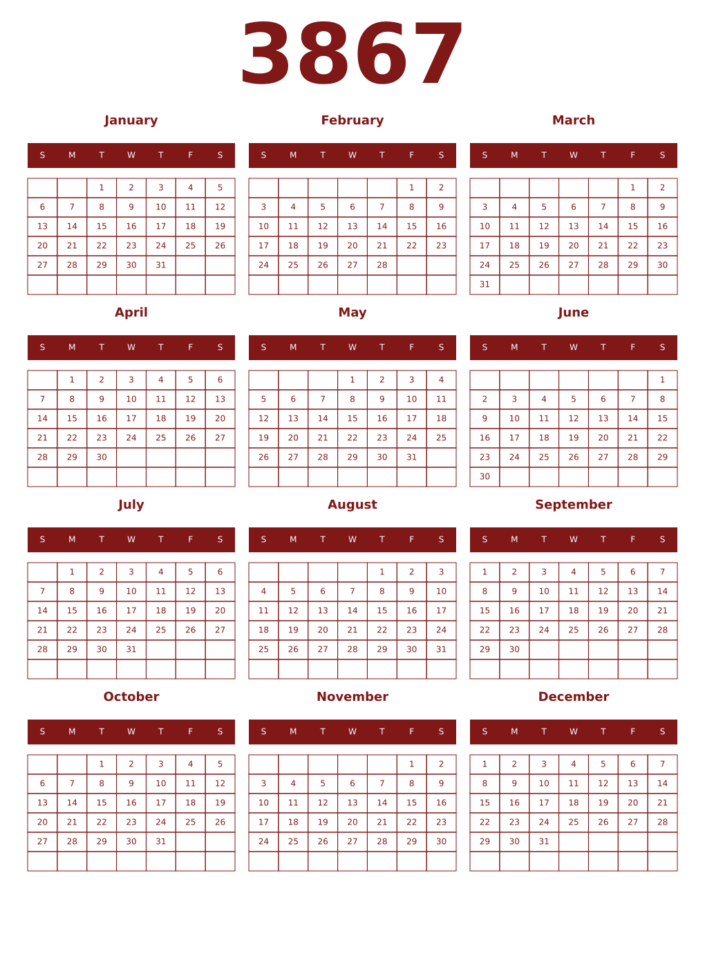Printable 3867 Year Calendars falu