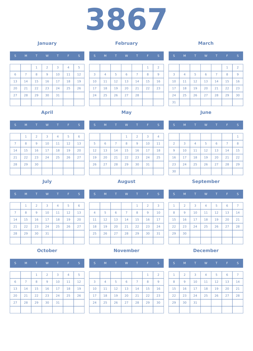 Printable 3867 Year Calendars glaucous