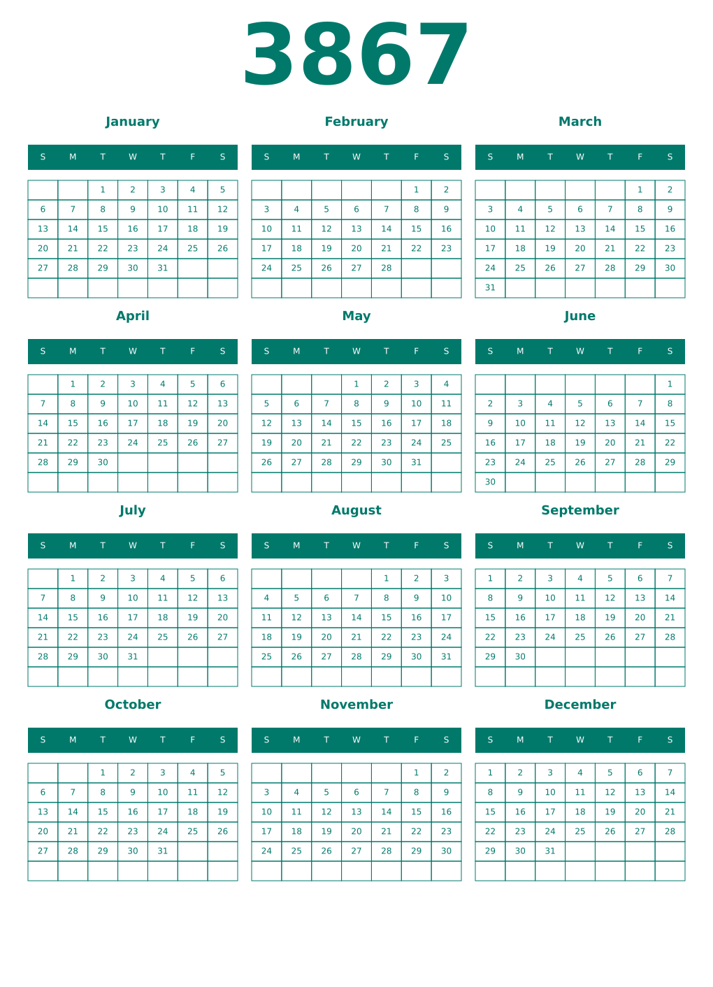 Printable 3867 Year Calendars pastel