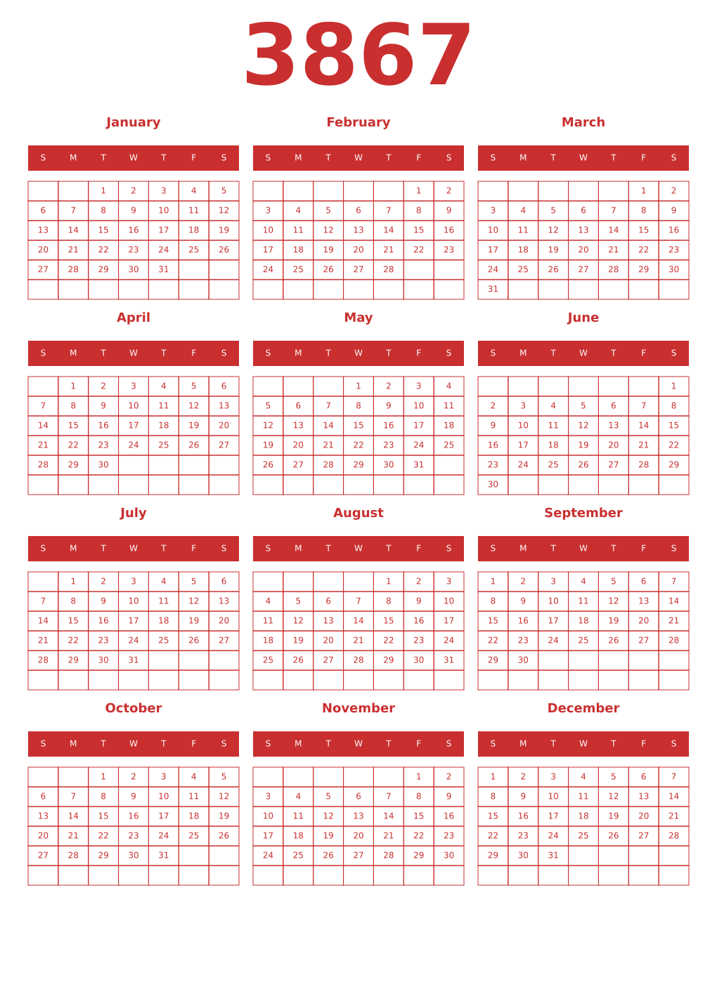 Printable 3867 Year Calendars red