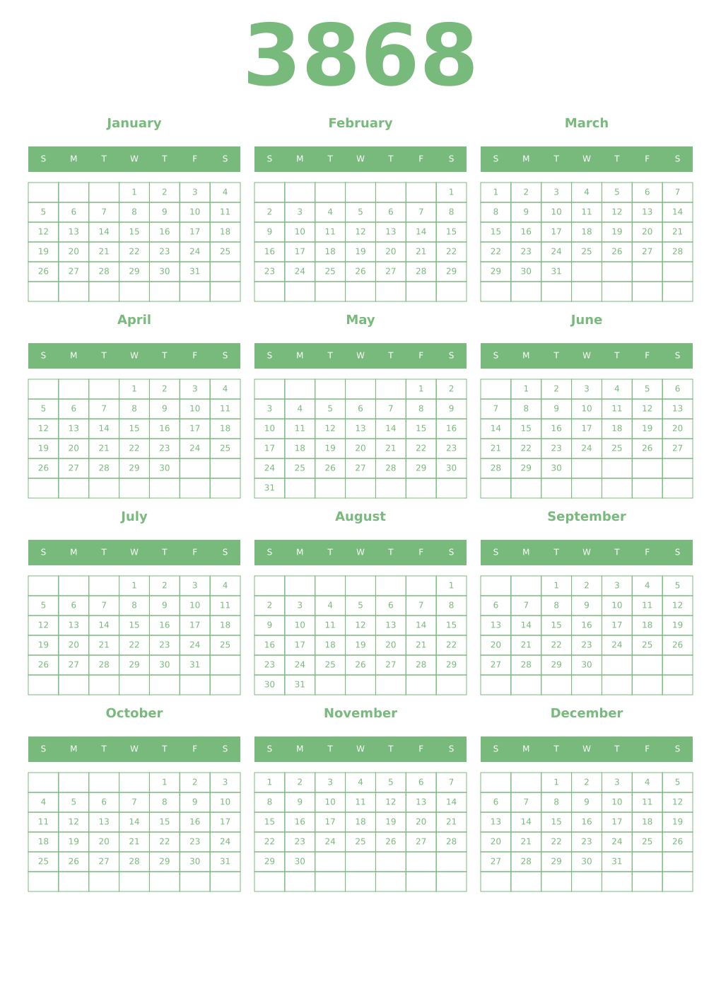 Printable 3868 Year Calendars celadon