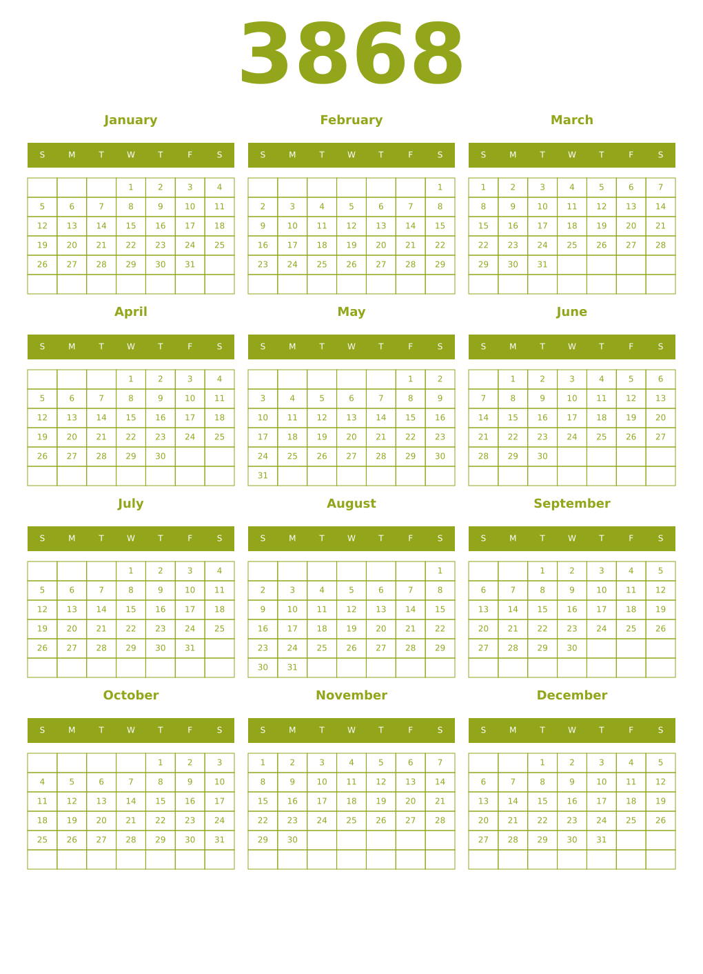 Printable 3868 Year Calendars chartreuse