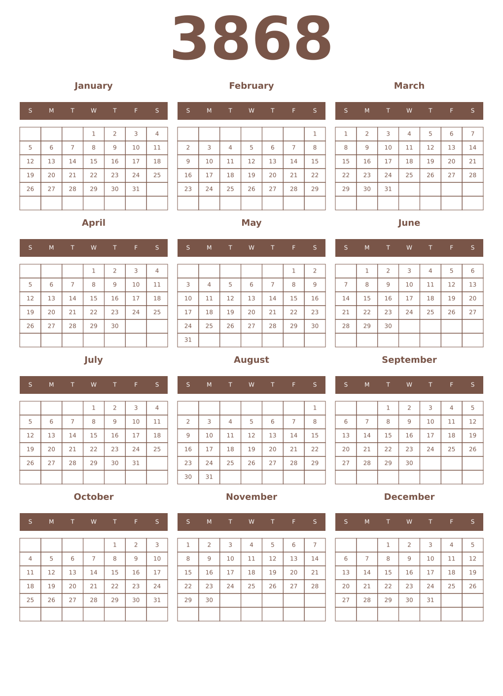 Printable 3868 Year Calendars coffe