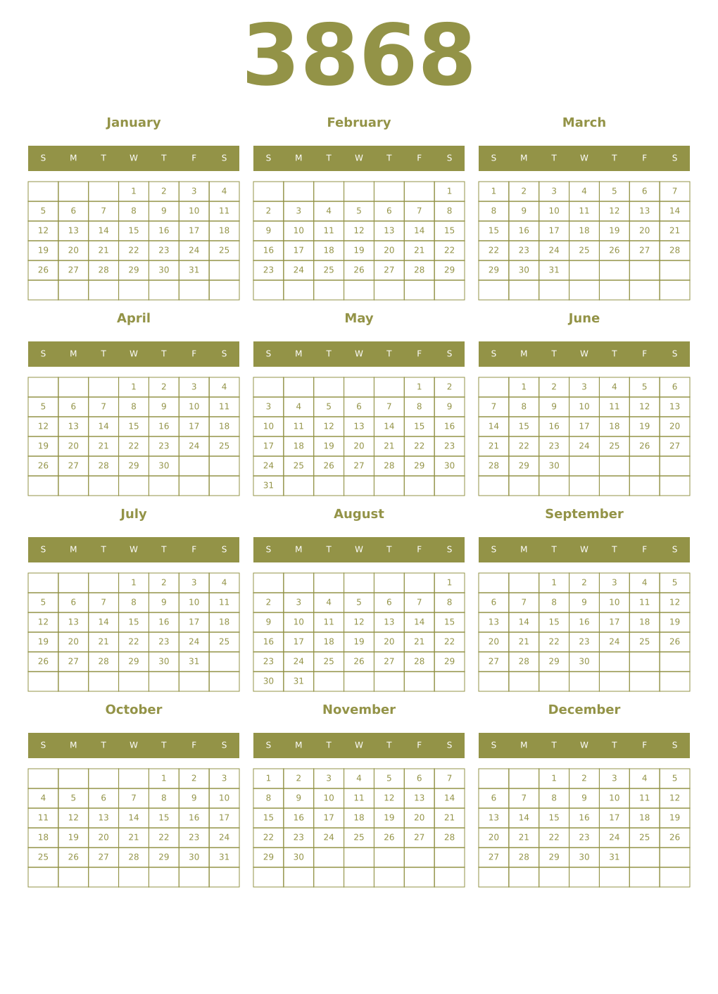 Printable 3868 Year Calendars eburnean