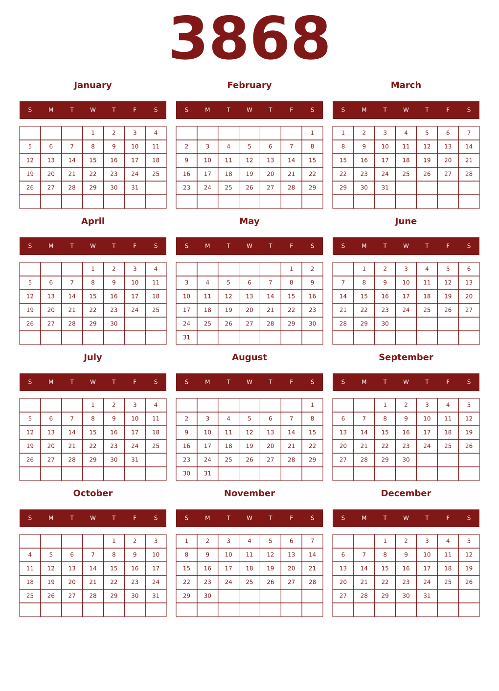 Printable 3868 Year Calendars falu