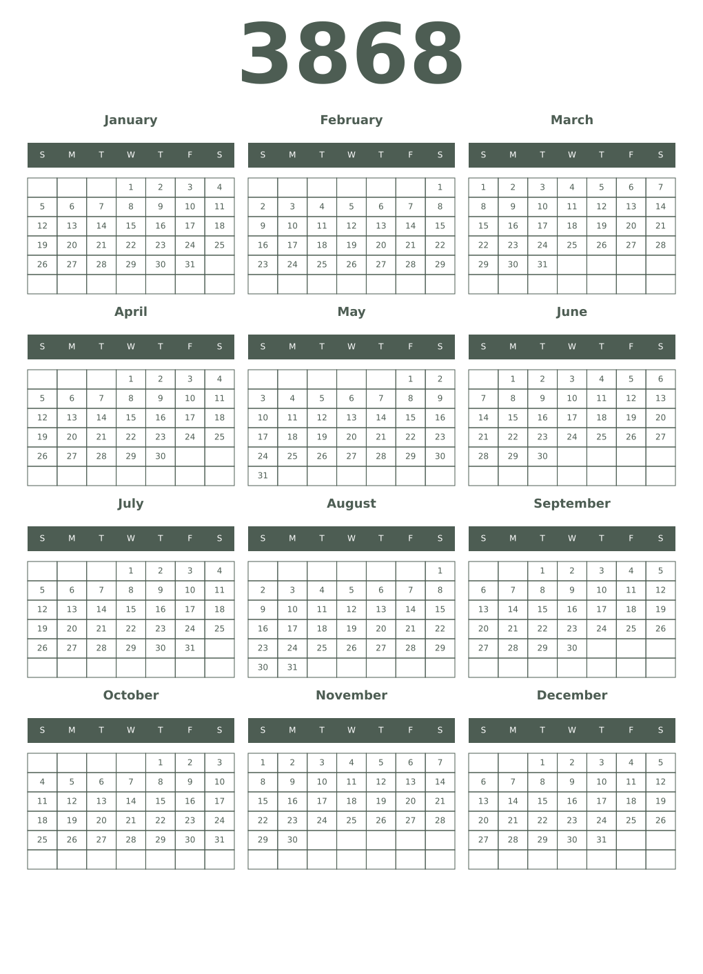 Printable 3868 Year Calendars feldgrau