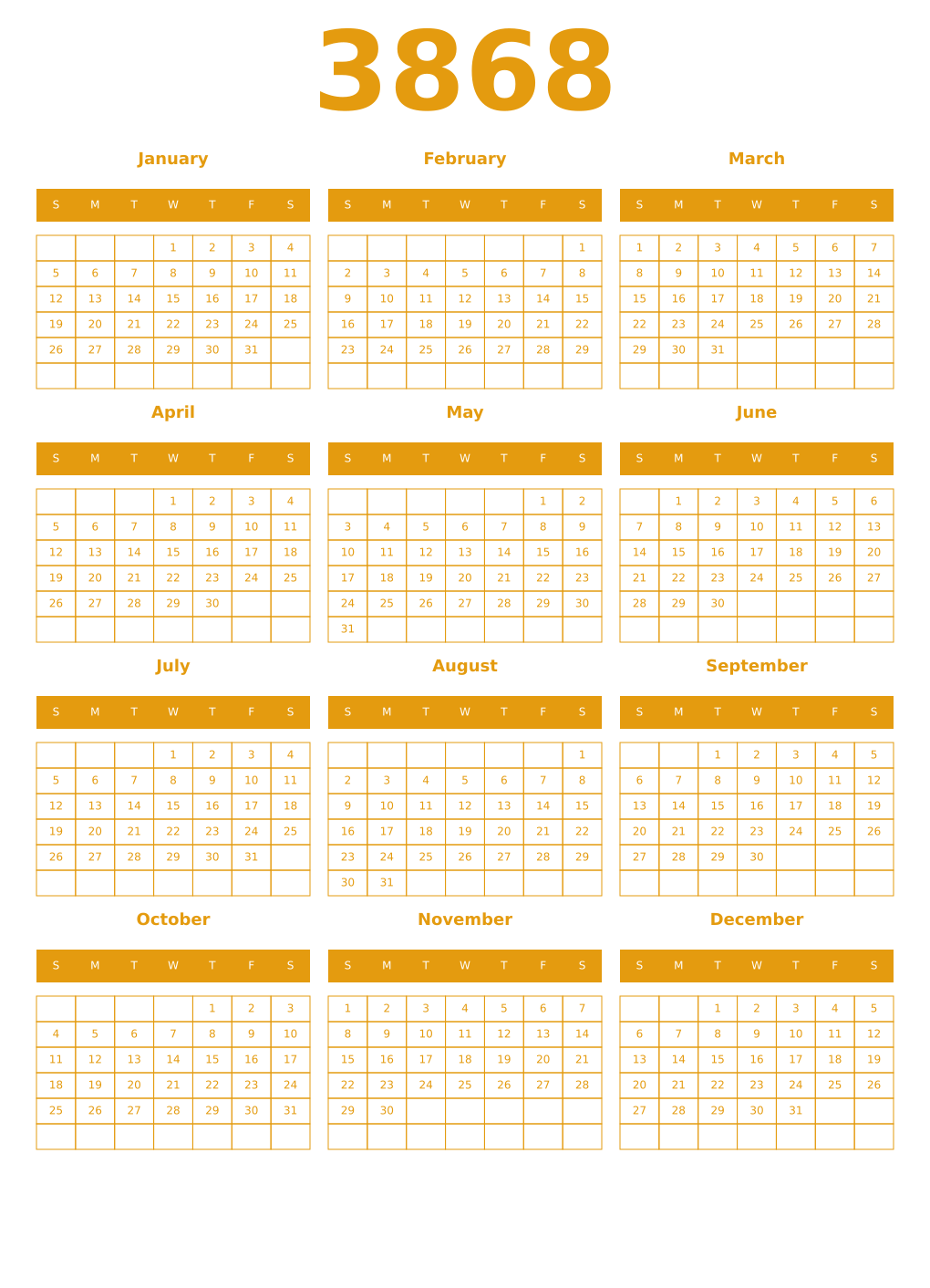 Printable 3868 Year Calendars gamboge