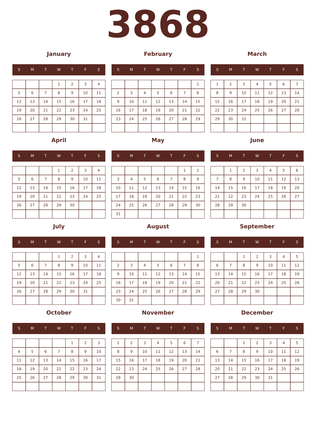 Printable 3868 Year Calendars mortuum