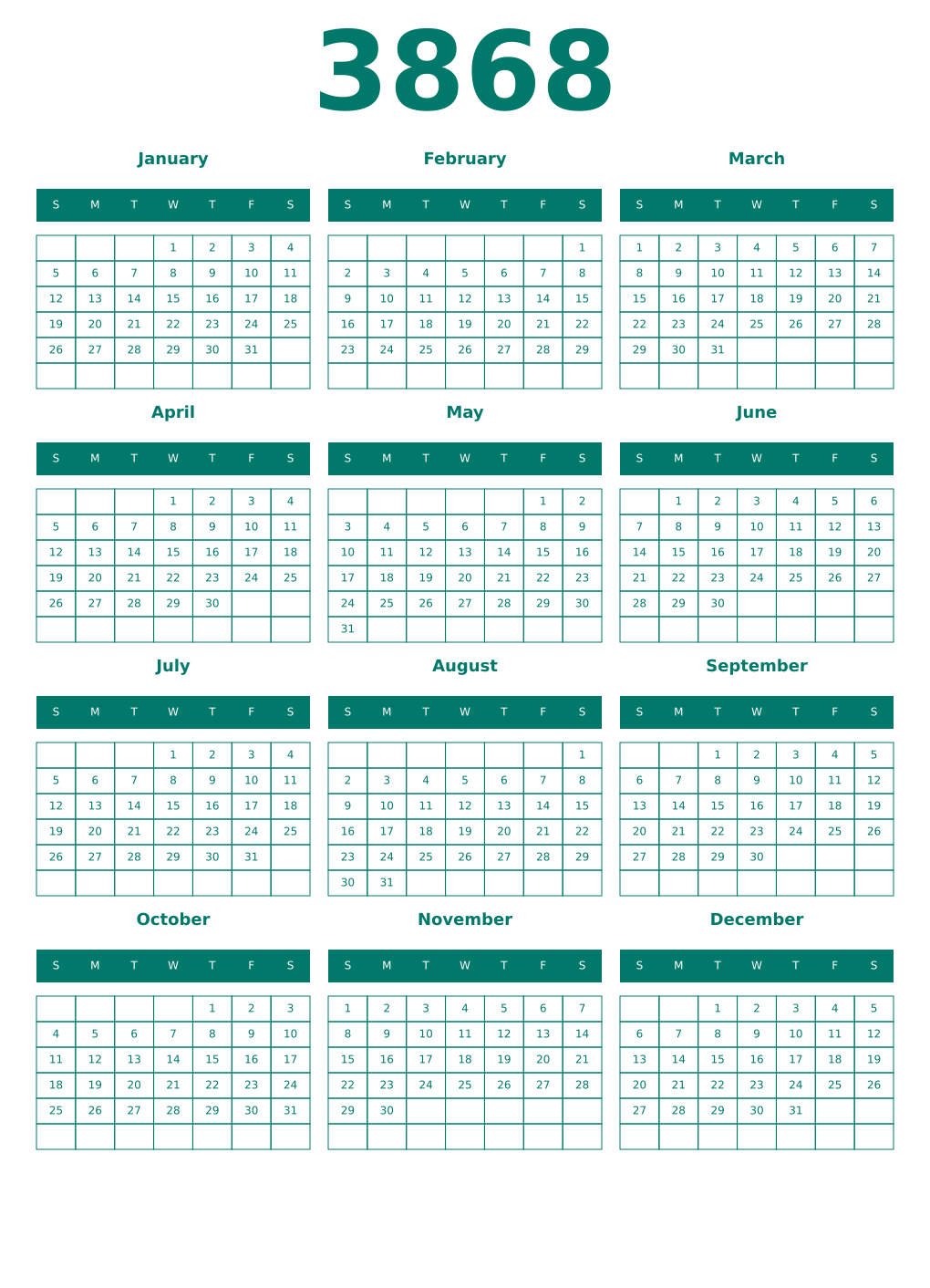 Printable 3868 Year Calendars pastel