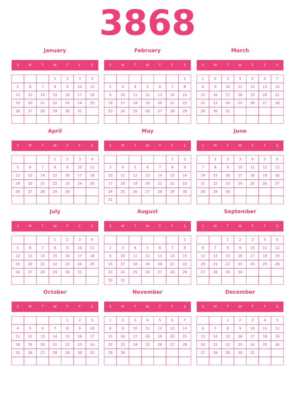 Printable 3868 Year Calendars pink