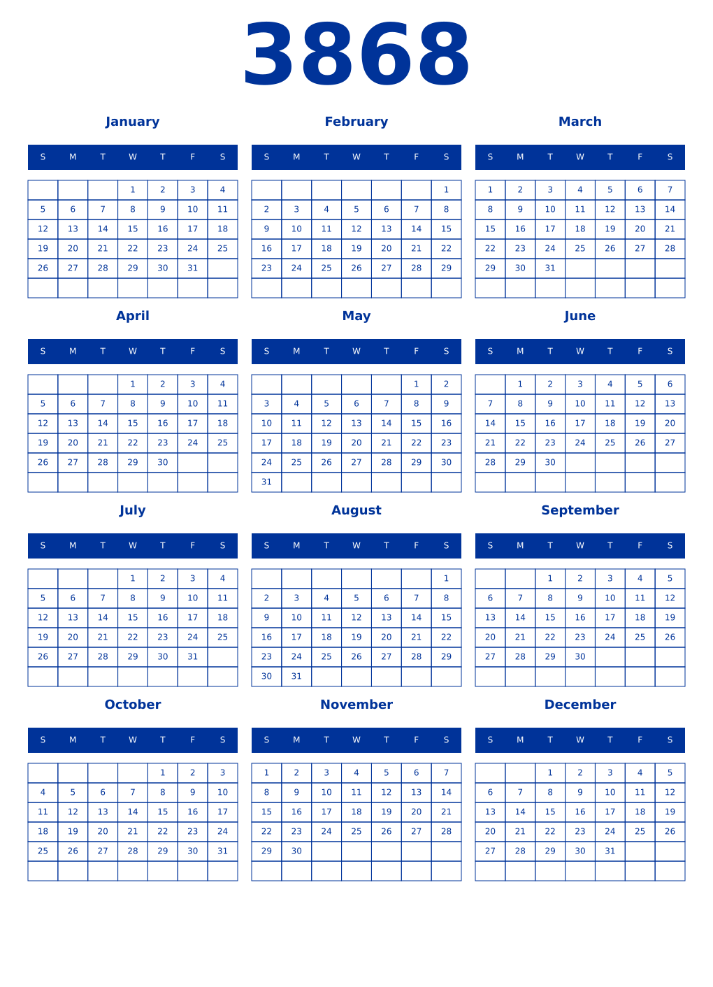 Printable 3868 Year Calendars smalt