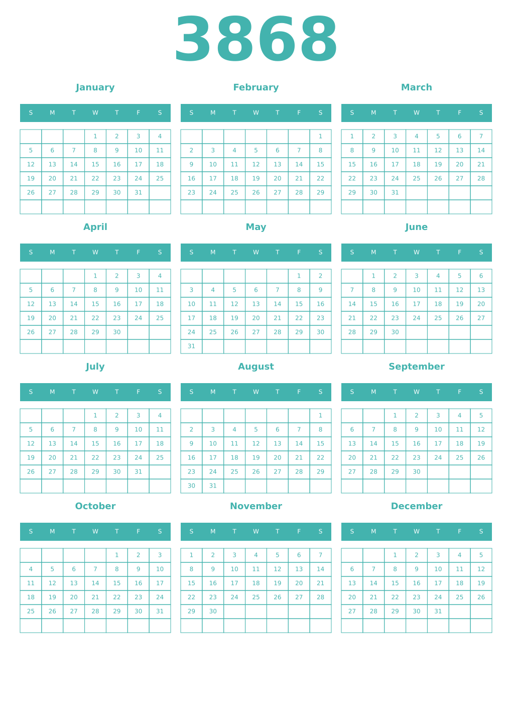 Printable 3868 Year Calendars verdigris