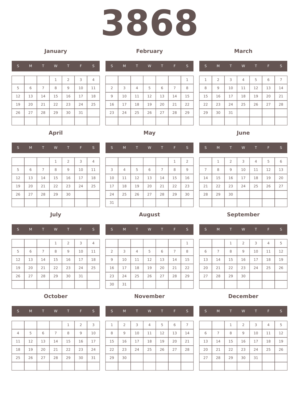 Printable 3868 Year Calendars wenge