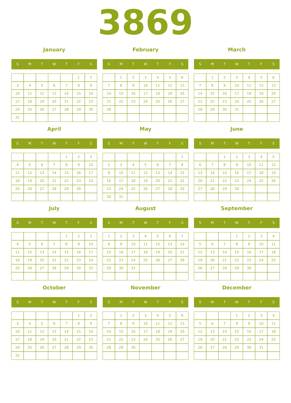 Printable 3869 Year Calendars chartreuse