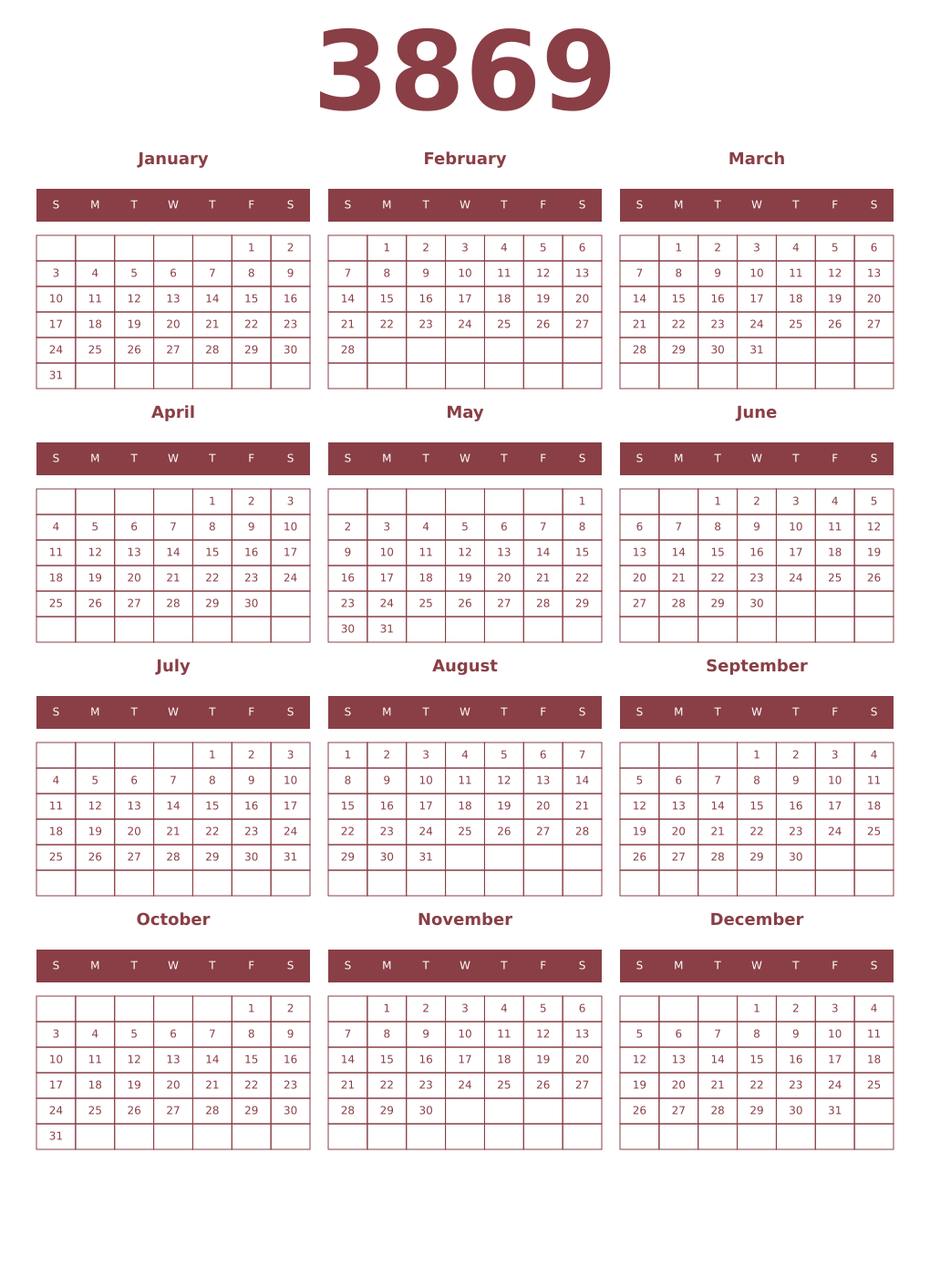 Printable 3869 Year Calendars cordovan