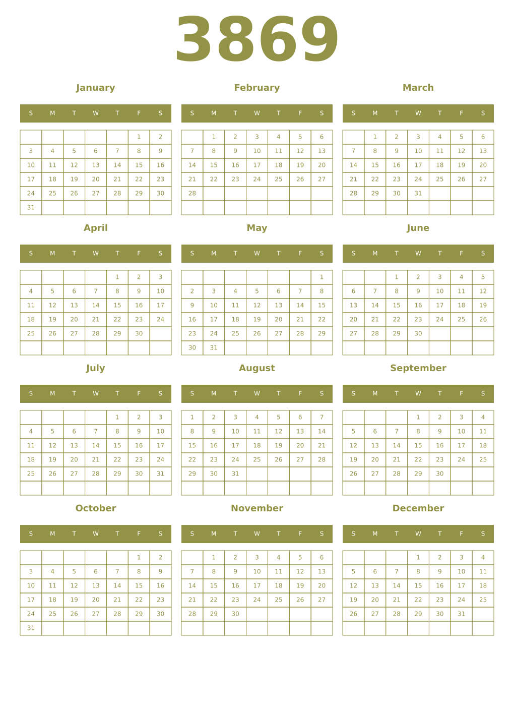 Printable 3869 Year Calendars eburnean
